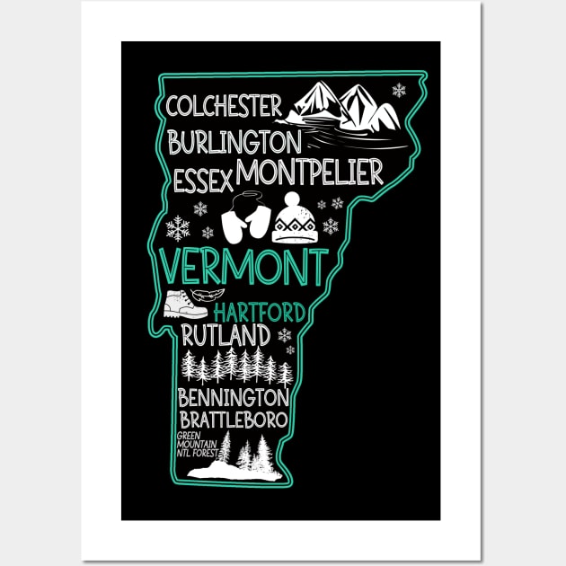 Vermont Hartford cute map Burlington Rutland Bennington Brattleboro Colchester Wall Art by BoogieCreates